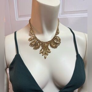 Vintage Mid Century Rhinestone Bib Necklace Gold Ivory Choker Statement - EUC